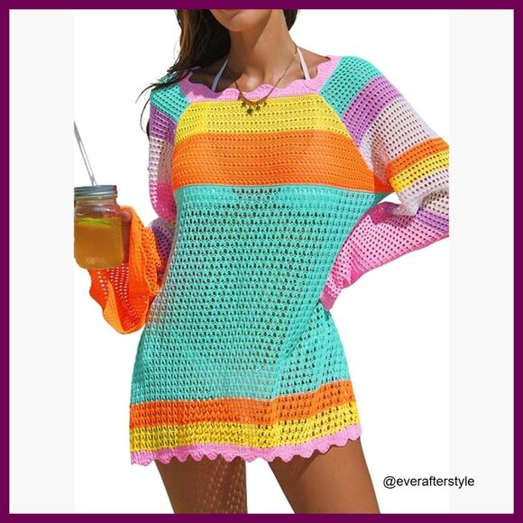 Crochet Swimsuit Coverup Long Sleeve Mesh Knit Cover Up Dress Crochet Swimsuit Coverup Long Sleeve Mesh Knit Cover Up Dress